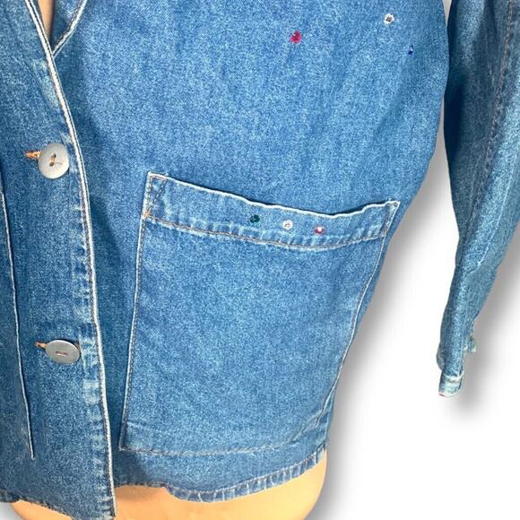 Vintage 90s Match Denim Blazer Jacket Oversized Rhinestone Sequin Jean Coat - Picture 3 of 11